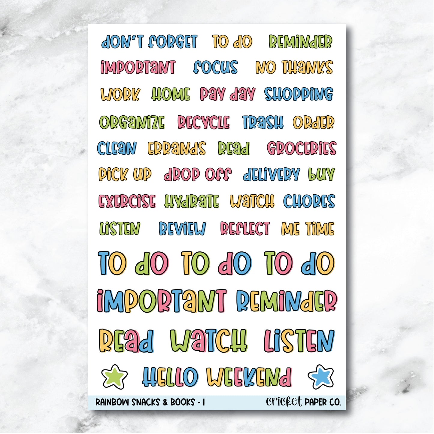 Rainbow Snacks & Books Typeface Journaling and Planner Stickers - I