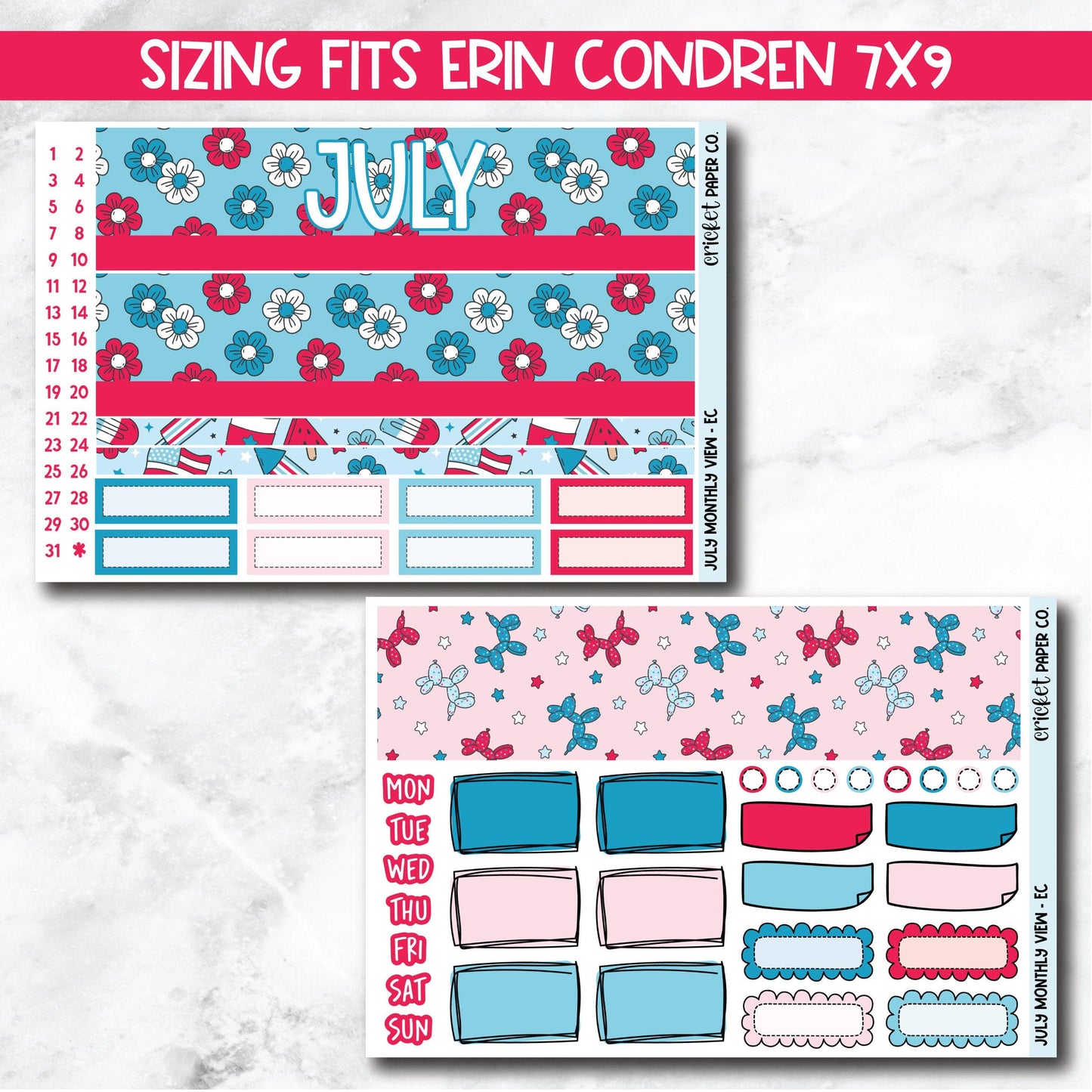 July Monthly View Planner Sticker Kit for 7x9 Planners