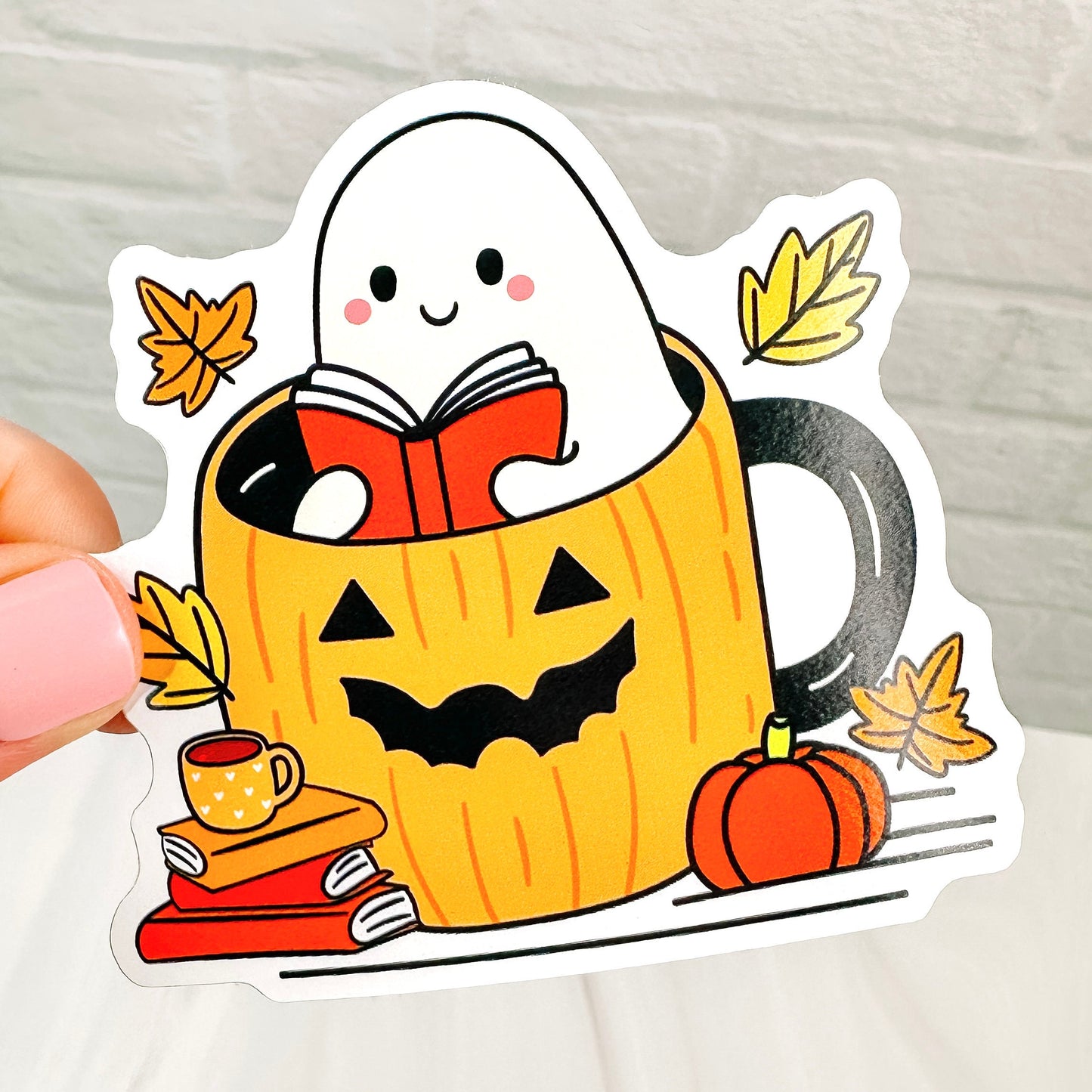 Reading Ghost in Pumpkin Mug  - Bookish Vinyl Sticker