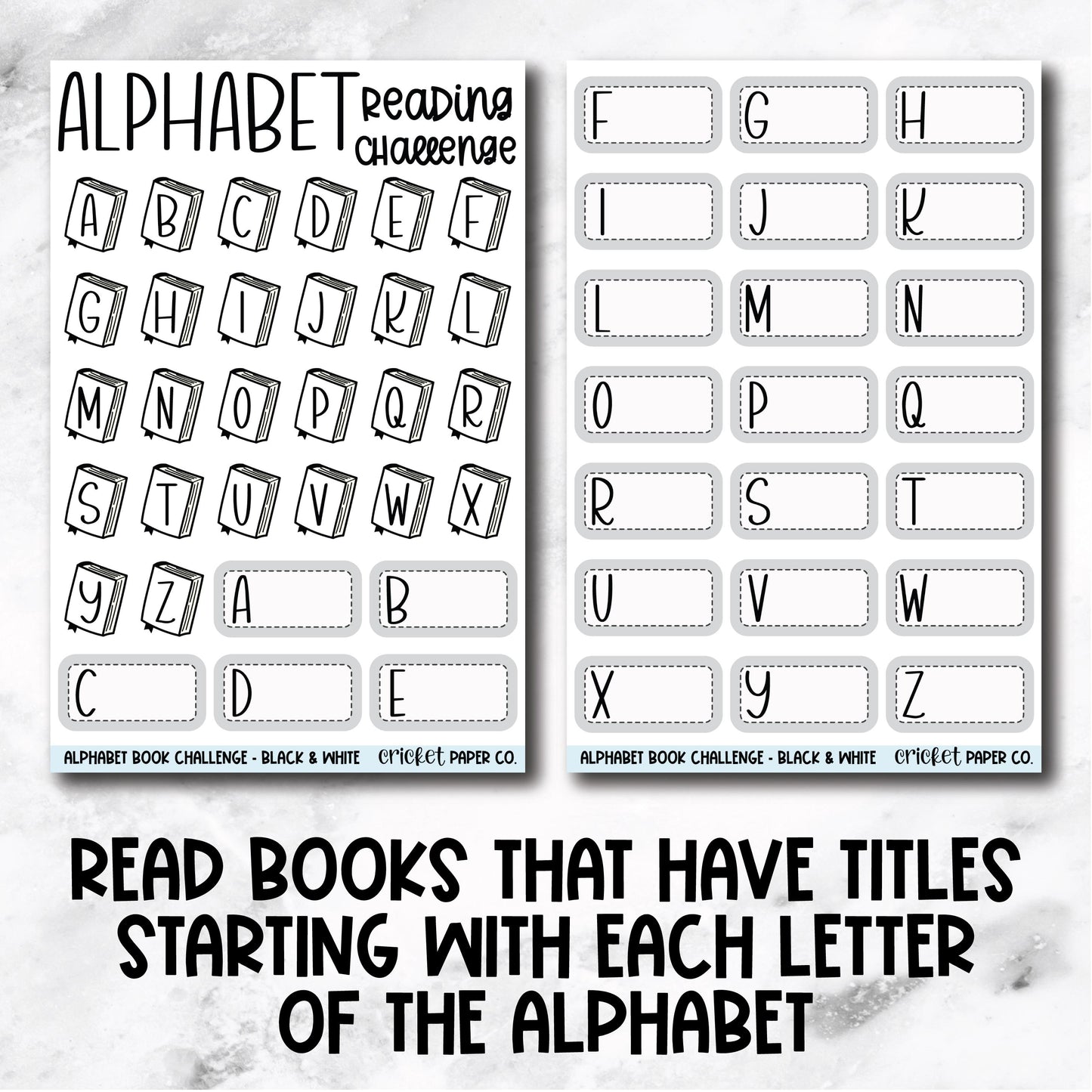 Alphabet Reading Challenge Book Journal Stickers - Black & White