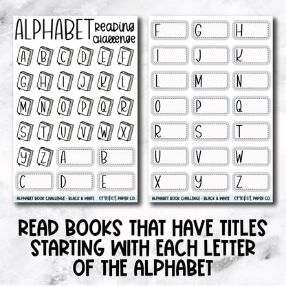 Alphabet Reading Challenge Book Journal Stickers - Black & White